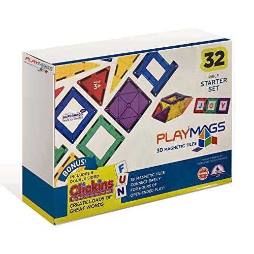 Playmags 32-Teiliges Buntes Fliesen-Set – Einzigartige Preisgekrönte Starke Magnetische Bauplättchen Für Kinder – Kreativitäts- Und Pädagogisches Bauspielzeug Für Kinder – STEM-Geprüft (32 Stück) von Playmags