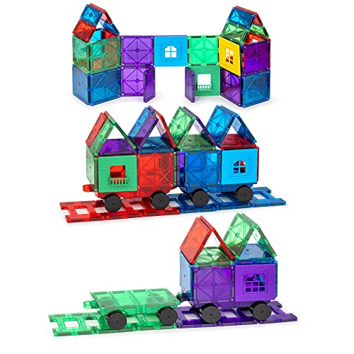 Playmags 3D Magnetische Blöcke Für Kinder - Magnetische Bausteine STEM Toys, Robuste, Super Haltbare Magnetfliesen Mit Lebendigen Klaren Farbfliesen Mit 4 Autos (50-Teiliges Set Mit 4 Autos) von Playmags