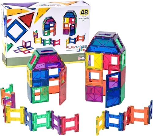 Playmags 48 Stück Set - mit stärkeren Magneten, STEM Spielzeug für Kinder, magnetische Fliesen und Building Blocks, Robuste, Super Durable mit Vivid Clear-Color-Fliesen von Playmags