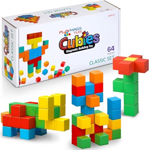 Playmags Magnetblöcke Bauspielzeug, 64-teiliges Magnetwürfel-Mint-Spielzeug für Kleinkinder und Kinder, Vorschule, Pädagogisches sensorisches Konstruktionsblockspielzeug für Jungen und Mädchen von Playmags