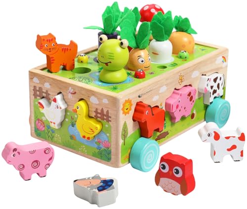 Playtastic Bauernhof Spielzeug: 25-teiliges Sortierspielzeug Farm aus Holz, mit Tieren und Pflanzen (Formsortierer-Spielzeug, Lernform) von Playtastic