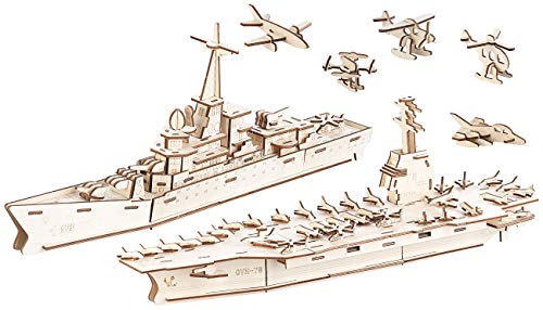 Playtastic Holz 3D Puzzle: 3er-Set 3D-Bausätze Marine-Schiffe & Luftflotte aus Holz, 233-teilig (Holzpuzzle 3D Kinder, 3D-Modell) von Playtastic