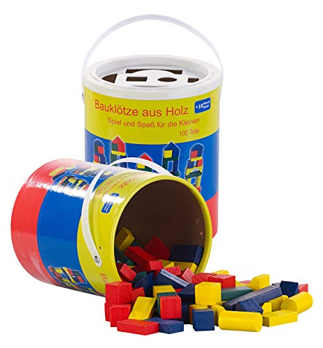 Playtastic Spielbaustein: 2er-Set Holzbausteine, Aufbewahrungseimer, 100 St., 4 Farben, 6 Formen (Spielzeugstein, Lernspielzeuge Holz, Spielsachen) von Playtastic