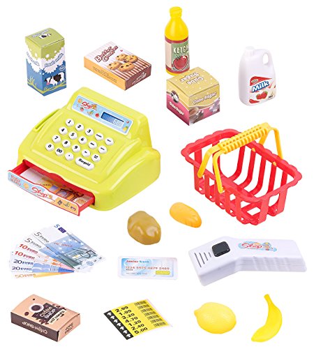 Playtastic Spielkasse: 25-teiliges Kaufladen-Set für Kinder, Kassensystem, LED-Licht & Sound (Kaufladen Zubehör) von Playtastic