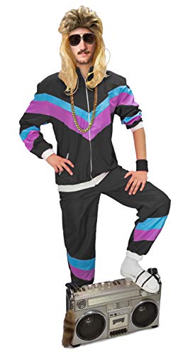 Plitsch Platsch 80er Jahre Kostüm Trainingsanzug Assi Damen und Herren Größe XS-4XL - Karneval Anzug Fasching (Schwarz mit lila-hellblau, XXL) von Plitsch Platsch