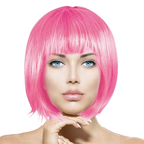 Plitsch Platsch Perücke Bob Pagenkopf Cabaret Wig Kurzhaar Charleston Perücken Fasching Karneval Halloween Motto Party - 24 Farben Varianten für Erwachsene, One Size (pink) von Plitsch Platsch