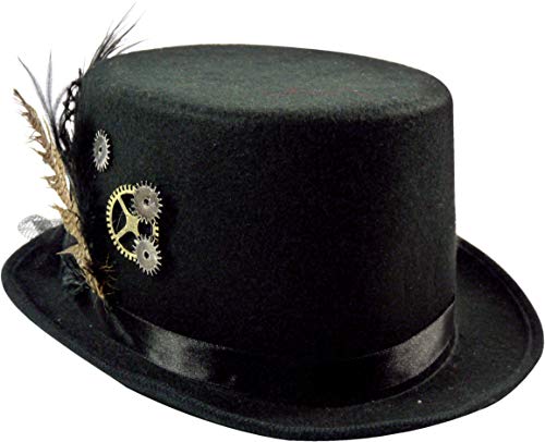 Plitsch Platsch Zylinder Hut für Erwachsene, Byron, Zylinder, Kopfbedeckung, Accessoire, Motto Party, Karneval, Zirkus, Geburtstag, Zauberer (Steampunk schwarz Feder, 59 cm) von Plitsch Platsch