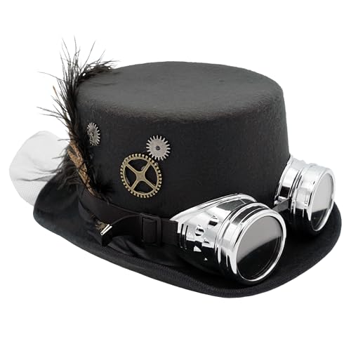 Plitsch Platsch Zylinder Hut für Erwachsene, Byron, Zylinder, Kopfbedeckung, Accessoire, Motto Party, Karneval, Zirkus, Geburtstag, Zauberer (Steampunk schwarz Feder mit Brille, 57 cm) von Plitsch Platsch