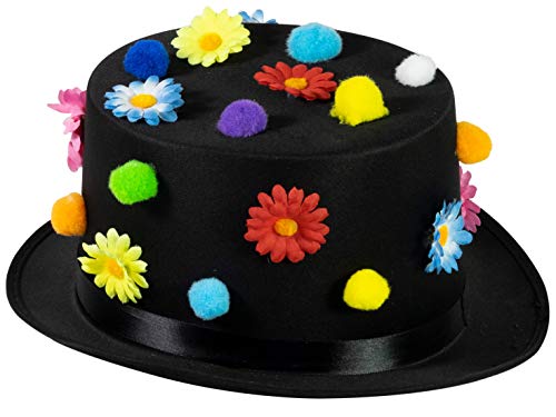 Plitsch Platsch Zylinder Hut für Erwachsene, Byron, Zylinder, Kopfbedeckung, Accessoire, Motto Party, Karneval, Zirkus, Geburtstag, Zauberer (schwarz m. bunten Pompons/Blumen, 57 cm) von Plitsch Platsch