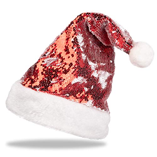 Weihnachtsmütze Nikolausmütze X-Mas Mütze Santa Weihnachten Nikolaus rot für Erwachsene Einheitsgröße Weihnachtsfeier Weihnachtsmarkt (Pailletten) von Plitsch Platsch