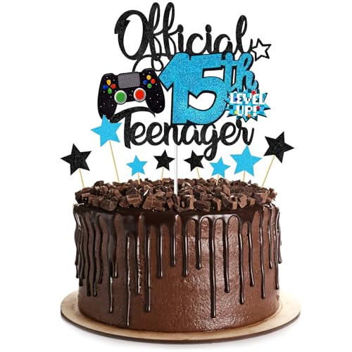 1 x Tortenaufsatz zum 15. Geburtstag für Jungen, glitzernder, offizieller Teenager-Kuchenaufsatz und Dekorationen für Jungen, perfekte Kuchendekoration für Kinder, Motto-Party, 15 Jahre alt (15) von Plorede
