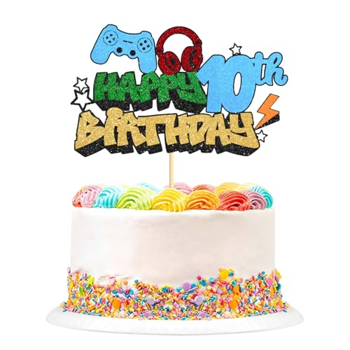 Happy Birthday Cake Topper, Glitzer-Videospiel-Kuchen-Picker, Spiel auf Controllern, Gaming-Kuchenaufsätze, perfekt für Spielthemen, Geburtstagsdekorationen, Partyzubehör (10. Geburtstag) von Plorede