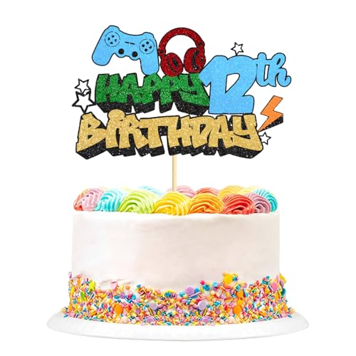 Happy Birthday Cake Topper, Glitzer-Videospiel-Kuchen-Picker, Spiel auf Controllern, Gaming-Kuchenaufsätze, perfekt für Spielthemen, Geburtstagsdekorationen, Partyzubehör (12. Geburtstag) von Plorede