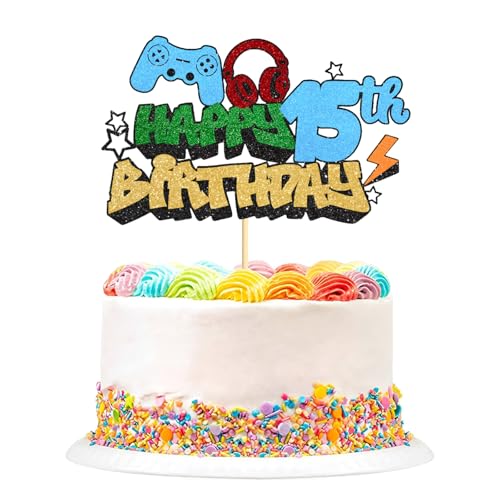 Happy Birthday Cake Topper, Glitzer-Videospiel-Kuchen-Picker, Spiel auf Controllern, Gaming-Kuchenaufsätze, perfekt für Spielthemen, Geburtstagsdekorationen, Partyzubehör (15. Geburtstag) von Plorede
