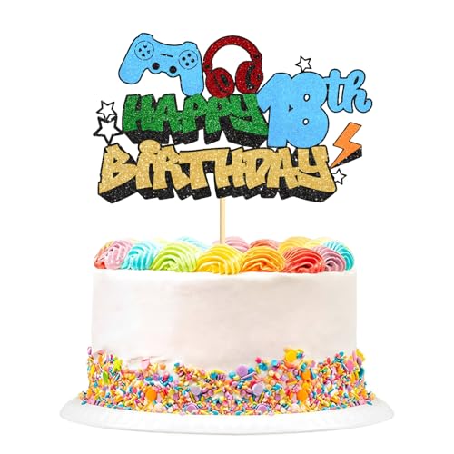 Happy Birthday Cake Topper, Glitzer-Videospiel-Kuchen-Picker, Spiel auf Controllern, Gaming-Kuchenaufsätze, perfekt für Spielthemen, Geburtstagsdekorationen, Partyzubehör (18. Geburtstag) von Plorede