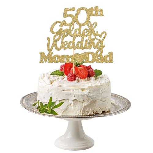 Hochzeitstag-Kuchenaufsätze, Hochzeitstagsgeschenk, Hochzeitstortenaufsatz, Herz-Kuchendekorationen für Feiern, Partyzubehör (Golden 50) von Plorede