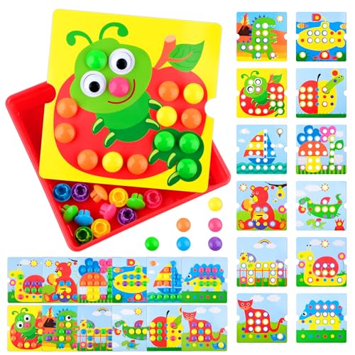 PlsMupn Mosaik Steckspiel ab 2 3 4 Jahre, Montessori Lernspielzeug mit 12 Bildvorlagen & 46 Steckperlen, Farben Lernen & Motorik fördern, Pädagogisches Steckspiel für Kinder, Geschenk Junge Mädchen von PlsMupn
