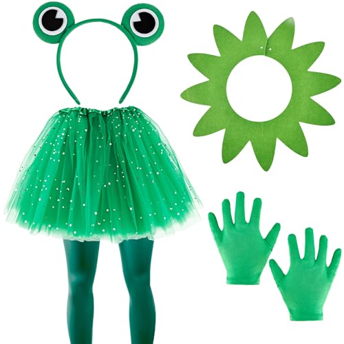 Frosch-Kostüm-Zubehör-Set für Kinder, mit Frosch-Kostüm, Tutu-Ohren, Stirnband, Kragen, Handschuhe für Halloween, Cosplay, Party von Plukeen