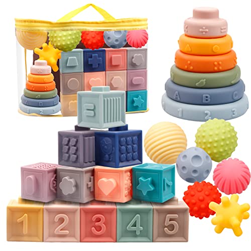 24 Stück Weiche Quetsch Babyspielzeug Set-mit Bälle, Bausteine und Stapelturm, Montessori Sensorik Spielzeug Beißring, Lehrreich Lernspielzeug für Kleinkind ab 6 9 12 Monate 1 Jahre Junge Mädchen von Plunack