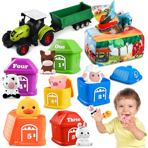 Montessori Baby Spielzeug 6 Monate-3 Jahre, 3 IN 1Lernspielzeug für Kleinkinder, Bauernhof Spielzeug, Traktor Spielzeug,Taschentuchbox，Motorikspielzeug, Weihnachtengeschenke für Kinder 1 2 3 Jahre von Plunack