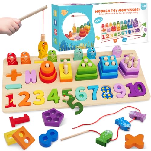 Montessori Holzspielzeug ab 2 Jahre, Magnetisches Angelspielzeug Lernen Feinmotorik, Kinder Vorschule Mathe Sortieren Stapeln Anzahl Zählen Lernen Geschenk für Junge und Mädchen ab 2 3 4 5 Jahre von Plunack