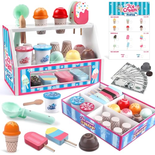 Plunack 48-teiliges Eisdiele Kinder Holz – Rollenspiel-Lernspielzeug für Kinder ab 3 Jahren – mit Eiswaffeln, EIS am Stiel, Spielgeld & Zubehör – Geschenkidee für Mädchen & Jungen von Plunack