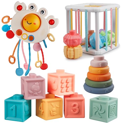 Plunack Montessori Spielzeug Baby, 4 in 1 Sensorik Bausteine Stapelspielzeug, Motorik Lernspielzeug für Kleinkinder Geschenk JungeMädchen von Plunack