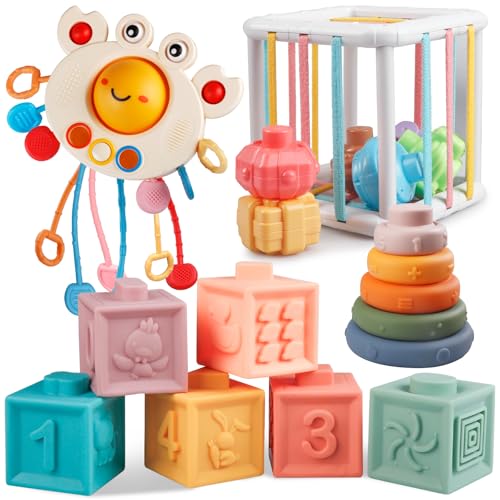 Plunack Montessori Spielzeug Baby, 4 in 1 Sensorik Bausteine Stapelspielzeug, Motorik Lernspielzeug für Kleinkinder Geschenk JungeMädchen von Plunack