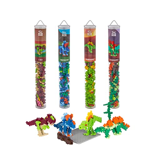 Plus-Plus 7266 Geniales Konstruktionsspielzeug, Dinosaurier-Mix, Bundle aus 4 verschiedenen Kreativ-Bausteine Tubes inkl. Bauplatte, 400 Teile von Plus-Plus