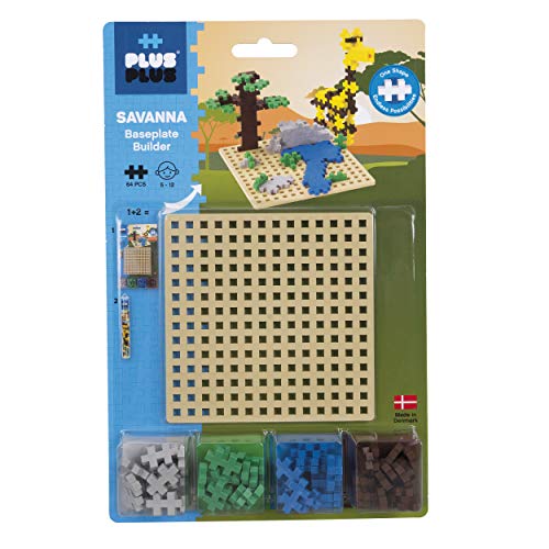 Plus-Plus 9603838 Geniales Konstruktionsspielzeug, Savanne Builders, Tierwelt Afrikas, Bausteine-Set, 64 Teile, 1 Grundplatte von Plus-Plus