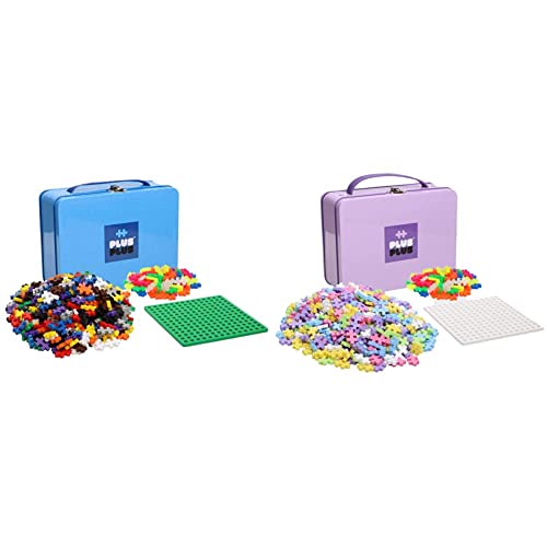 Plus-Plus 9607002 Geniales Konstruktionsspielzeug, Basic, bunt & 9607003 Geniales Konstruktionsspielzeug, Pastel, Bausteine-Set in praktischer Metall-Box mit Henkel, 600 Teile von Plus-Plus