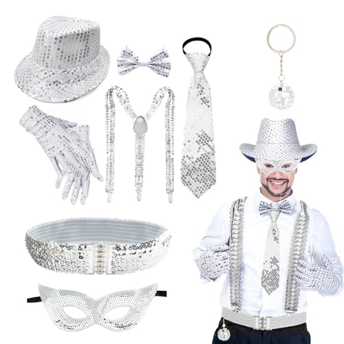 8-Teiliges Set Glitzer Outfit Herren Disco Outfit Herren Glitzer Accessoires 70 80jahre Mit Glitzerhut, Krawatte, Augenmaske, Schleifen-Krawatte, Y-TräGer, Handschuhen, SchlüSselanhäNger Und GüRtel 8-Teiliges Set Glitzer Outfit Herren Disco Outfit Herren Glitzer Accessoires 70 80jahre Mit Glitzerhut, Krawatte, Augenmaske, Schleifen-Krawatte, Y-TräGer, Handschuhen, SchlüSselanhäNger Und GüRtel von Pluvyze