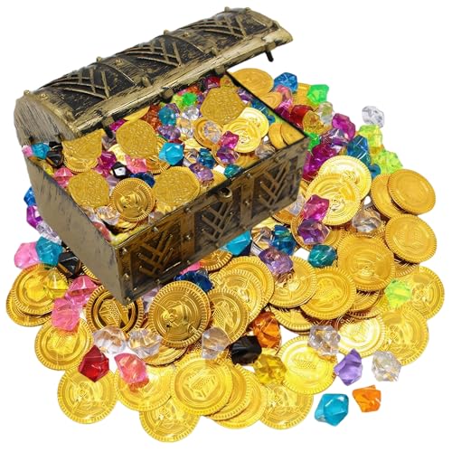 Pluvyze 201 Stück Piratenschatz Schatztruhe Kindergeburtstag Piraten Goldmünzen 100 Goldmünzen 100 Edelsteine für Piratenparty Mitgebsel,Schatzsuche Kindergeburtstag von Pluvyze