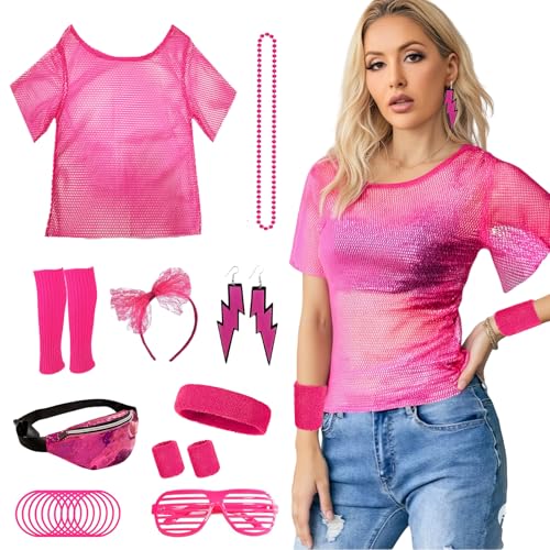 Pluvyze 80er Jahre Outfit Damen, Neon Party Outfit, Inklusive T-Shirt, GüRteltasche, Stirnband, BeinwäRmer, Armband, Haarband, Halskette, Armband, Brille Und Ohrringe FüR Die Karnevals-Neon-Party von Pluvyze