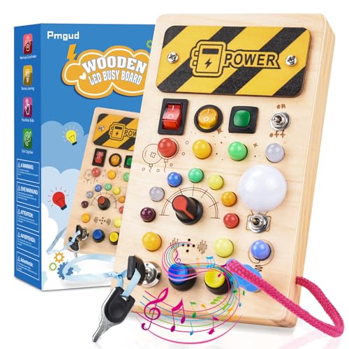 Pmgud Busy Board Montessori aus Holz für Kinder ab 1 Jahr, 8 Schalter, 15 LED-Leuchten und 6 Lieder - Lernspielzeug für die sensorische Entwicklung von Pmgud