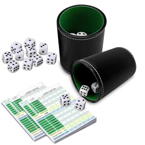 Kniffelbecher Set inkl. 10 Würfeln und 100 Kniffelblock, Würfelbecher Set aus PU-Leder, 2 Würfelbecher ideal für Familienabende Yahtzee und Partys von Pmueuff