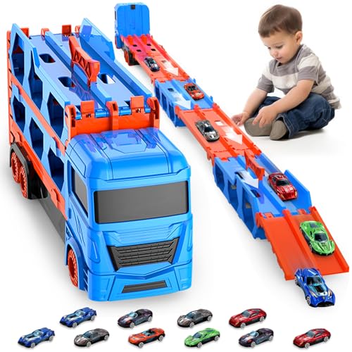 Pmueuff Transport Truck Spielzeugautos, Transporter Truck für Jungen im Alter von 3, 4, 5 Jahren Tragbares Rennbahn Truck Spielzeugauto mit 10 Rennautos, Transporter Fahrzeug Spielzeug Set für Kinder Pmueuff Transport Truck Spielzeugautos, Transporter Truck für Jungen im Alter von 3, 4, 5 Jahren Tragbares Rennbahn Truck Spielzeugauto mit 10 Rennautos, Transporter Fahrzeug Spielzeug Set für Kinder von Pmueuff