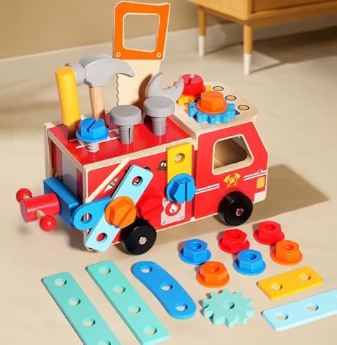 Werkzeugkoffer Kinder Werkbank, 2 in 1 Feuerwehrfahrzeug aus Holz und Werkzeug Kinder, Montessori Holzspielzeug Spielzeug ab 2 3 4 5 Jahre, Kinderwerkzeug Werkzeugwagen, Geschenk Junge Mädchen Werkzeugkoffer Kinder Werkbank, 2 in 1 Feuerwehrfahrzeug aus Holz und Werkzeug Kinder, Montessori Holzspielzeug Spielzeug ab 2 3 4 5 Jahre, Kinderwerkzeug Werkzeugwagen, Geschenk Junge Mädchen von Pmueuff