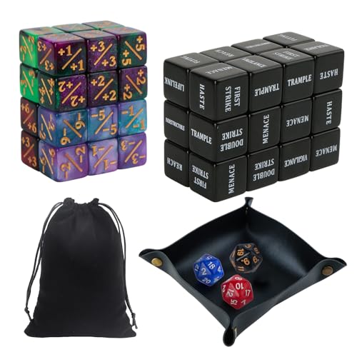 53-teiliges Set MTG Würfel Set mit 24 Schlüsselwortwürfeln 3 d20-Würfeln Lederwürfelnapf Samtbeutel (12x15 cm) für Kartenspiele Brettspiele von PnxdeobXL