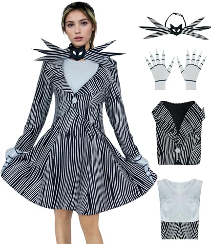 Jack Kostüm Weihnachten Albtraum Skelett Halloween Kostüme für Frauen Sally Cosplay Gothic Kleid Jacke mit Handschuhen, Set 01, M Jack Kostüm Weihnachten Albtraum Skelett Halloween Kostüme für Frauen Sally Cosplay Gothic Kleid Jacke mit Handschuhen, Set 01, M von Poboola
