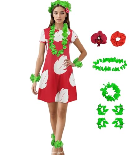 Poboola Lilo Kostüm für Erwachsene, Lilo-Kleid, Rot, Hawaii-Kleid, Halloween, Cosplay, Sommerinsel, Prinzessinnen-Party, Neuheit, Outfit, Größe XXL von Poboola