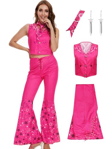 Poboola Pinkes Cowgirl-Kostüm, 80er-Jahre Outfits für Damen, 70er-Jahre, Disco-Kostüm, Hippie-Kostüm, Schlaghose, Halloween, Cosplay, mit Brille, Schal, Rosarot, L Poboola Pinkes Cowgirl-Kostüm, 80er-Jahre Outfits für Damen, 70er-Jahre, Disco-Kostüm, Hippie-Kostüm, Schlaghose, Halloween, Cosplay, mit Brille, Schal, Rosarot, L von Poboola