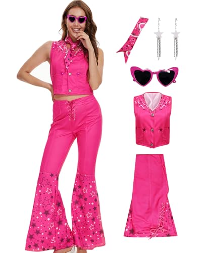 Poboola Pinkes Cowgirl-Kostüm, 80er-Jahre Outfits für Damen, 70er-Jahre, Disco-Kostüm, Hippie-Kostüm, Schlaghose, Halloween, Cosplay, mit Brille, Schal, Rosarot, XS Poboola Pinkes Cowgirl-Kostüm, 80er-Jahre Outfits für Damen, 70er-Jahre, Disco-Kostüm, Hippie-Kostüm, Schlaghose, Halloween, Cosplay, mit Brille, Schal, Rosarot, XS von Poboola