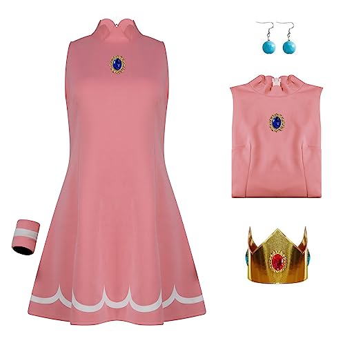 Poboola Prinzessin Pfirsich-Kostüm für Erwachsene, Gänseblümchen, Rosalina, Kleid mit Krone, Cosplay, Superbrüder, Halloween-Sport-Outfit für Damen, S, Pfirsich-B von Poboola