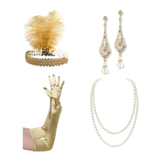 1920er Jahre Accessoires Set für Frauen Brüllende 20er Jahre Zubehör Flapper Kostüm mit 20er Jahre Stirnband Halskette Handschuhe Ohrring 1920er Jahre Accessoires Set für Frauen Brüllende 20er Jahre Zubehör Flapper Kostüm mit 20er Jahre Stirnband Halskette Handschuhe Ohrring von Pocoiau
