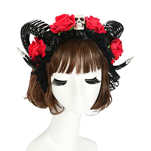 Pocoiau Halloween-Haarreifen Ochsenhorn Stirnband Gothic Blume Schädel Kopfschmuck Rose Horn Stirnbänder Cosplay Haarschmuck von Pocoiau