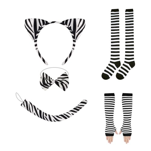 Pocoiau Tierkostüm Set Mit Stirnband Schwanz Gesichtsaufkleber Bowtie Rock Halloween Outfit Für Kid Adult Halloween Cosplay von Pocoiau