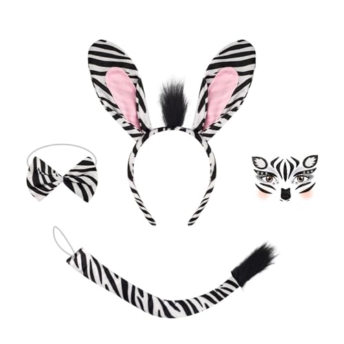 Pocoiau Tierkostüm Set Mit Stirnband Schwanz Gesichtsaufkleber Bowtie Rock Halloween Outfit Für Kid Adult Halloween Cosplay von Pocoiau