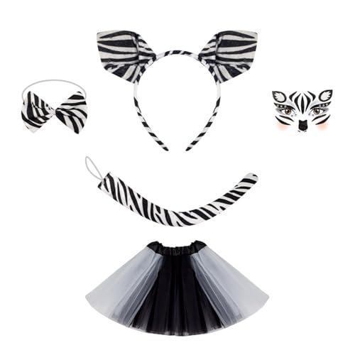 Pocoiau Tierkostüm Set Mit Stirnband Schwanz Gesichtsaufkleber Bowtie Rock Halloween Outfit Für Kid Adult Halloween Cosplay von Pocoiau