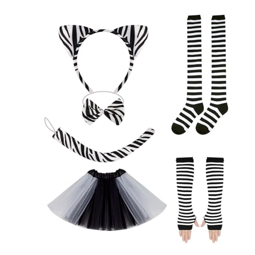 Pocoiau Tierkostüm Set Mit Stirnband Schwanz Gesichtsaufkleber Bowtie Rock Halloween Outfit Für Kid Adult Halloween Cosplay von Pocoiau